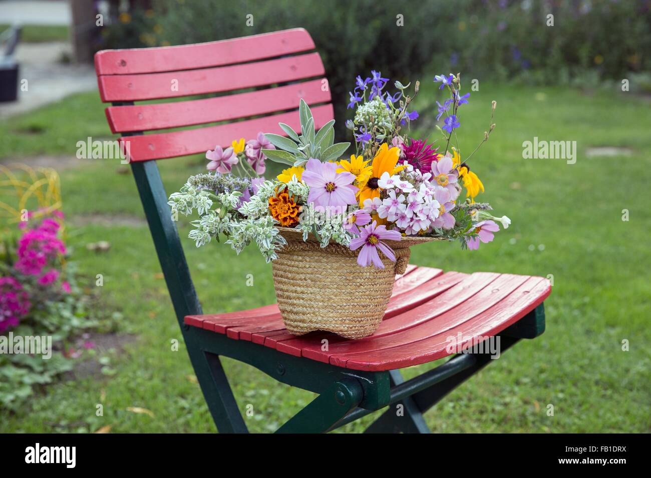 Frische Schnittblumen in Strohhut auf Gartenstuhl Stockfoto