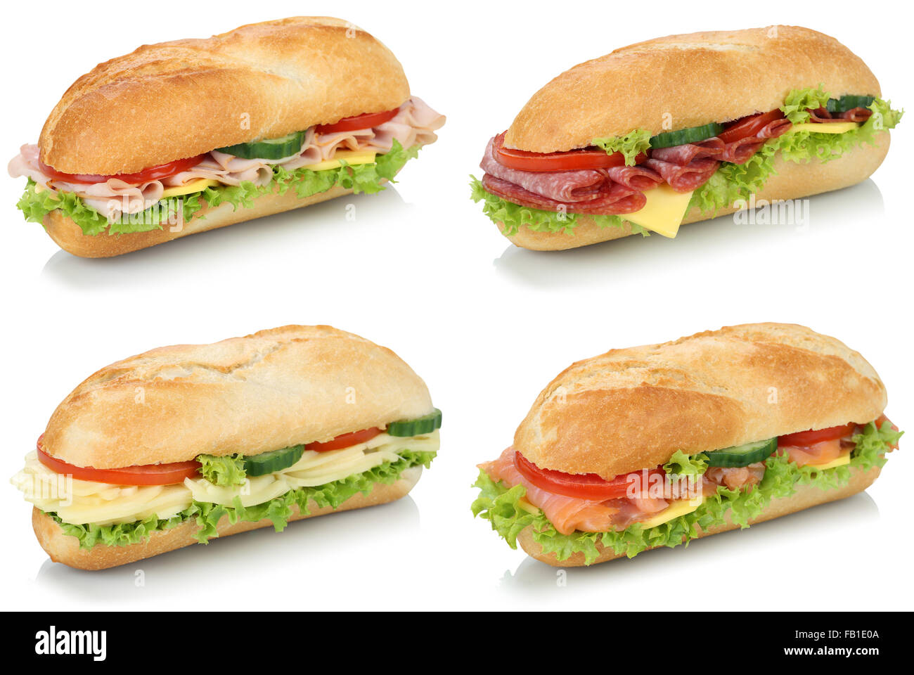 Sammlung von Sub Deli Sandwiches Baguettes mit Salami, Schinken und Käse auf einem weißen Hintergrund isoliert Stockfoto