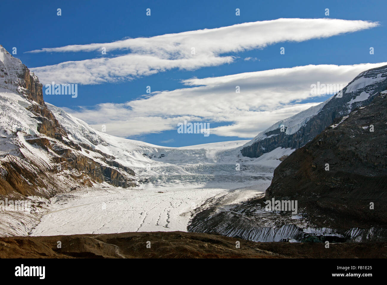 Zurückziehenden Athabasca Gletscher, Teil des Columbia Icefield in den kanadischen Rocky Mountains, Jasper Nationalpark, Alberta, Kanada Stockfoto