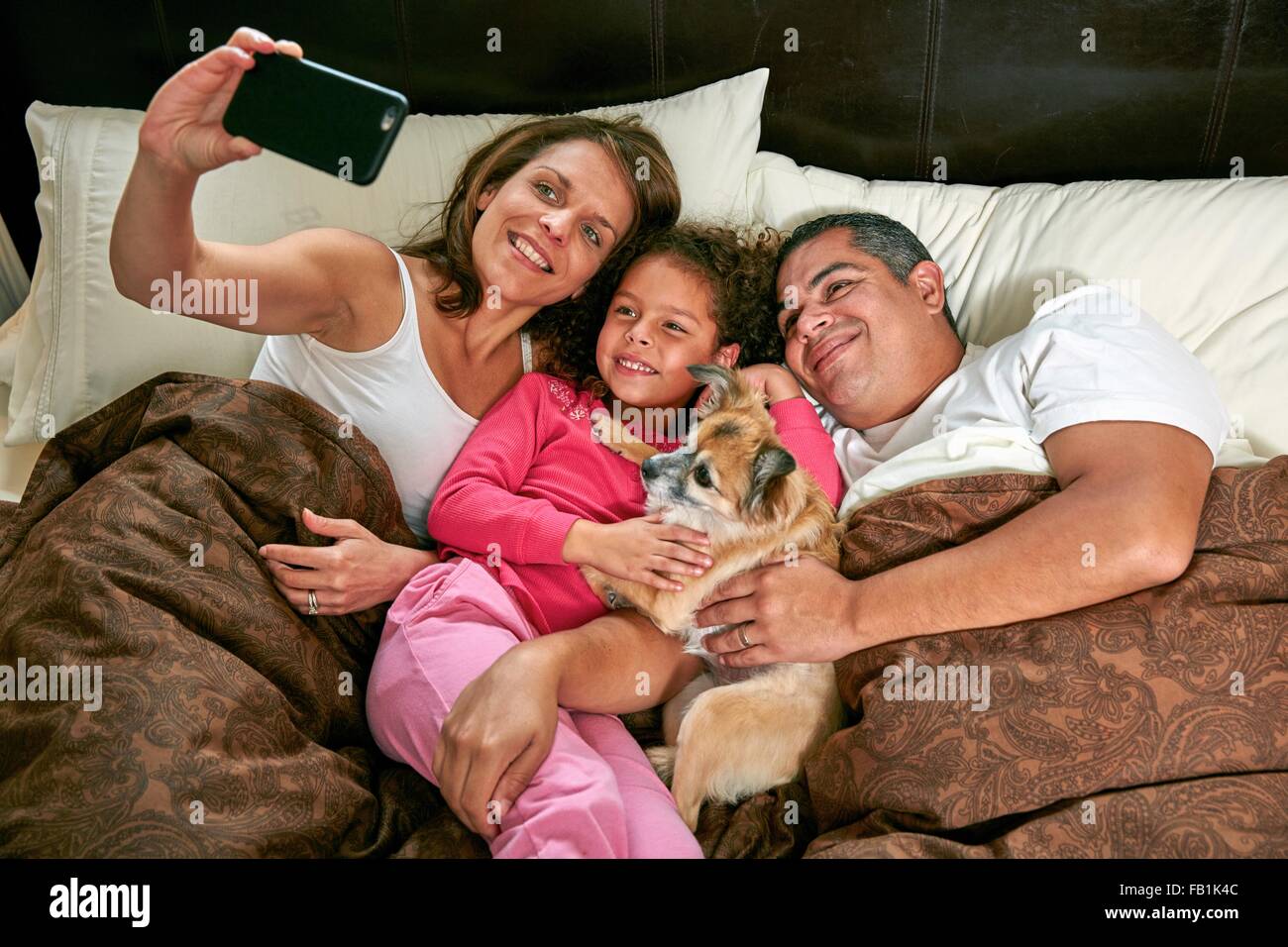 Erhöhte Ansicht von Mädchen im Bett mit Eltern und Hund mit Smartphone zu Selfie lächelnd Stockfoto