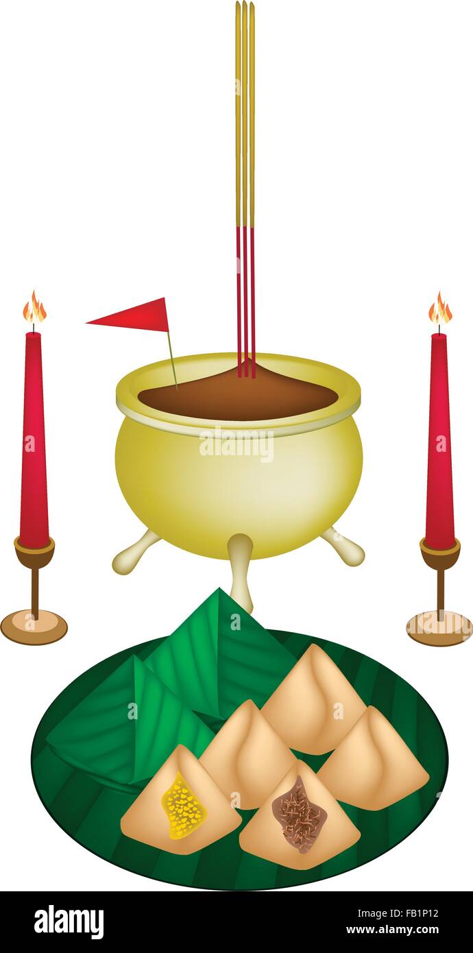 Gefüllte Teig-Pyramide-Dessert mit Räucherstäbchen und brennende Kerzen für Pay gegenüber Gott in Chinese New Year. Stock Vektor