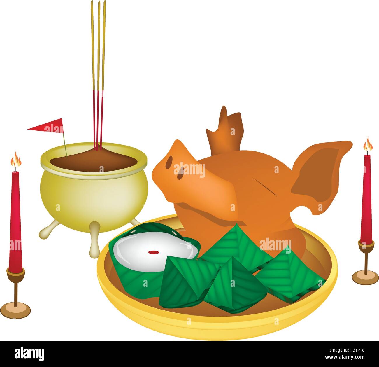 Gefüllte Teig-Pyramide-Dessert und chinesischen Pudding oder chinesische Leckerei mit gekochtem Schweinefleisch für Pay in Bezug auf Gott in der chinesischen neu Ye Stock Vektor