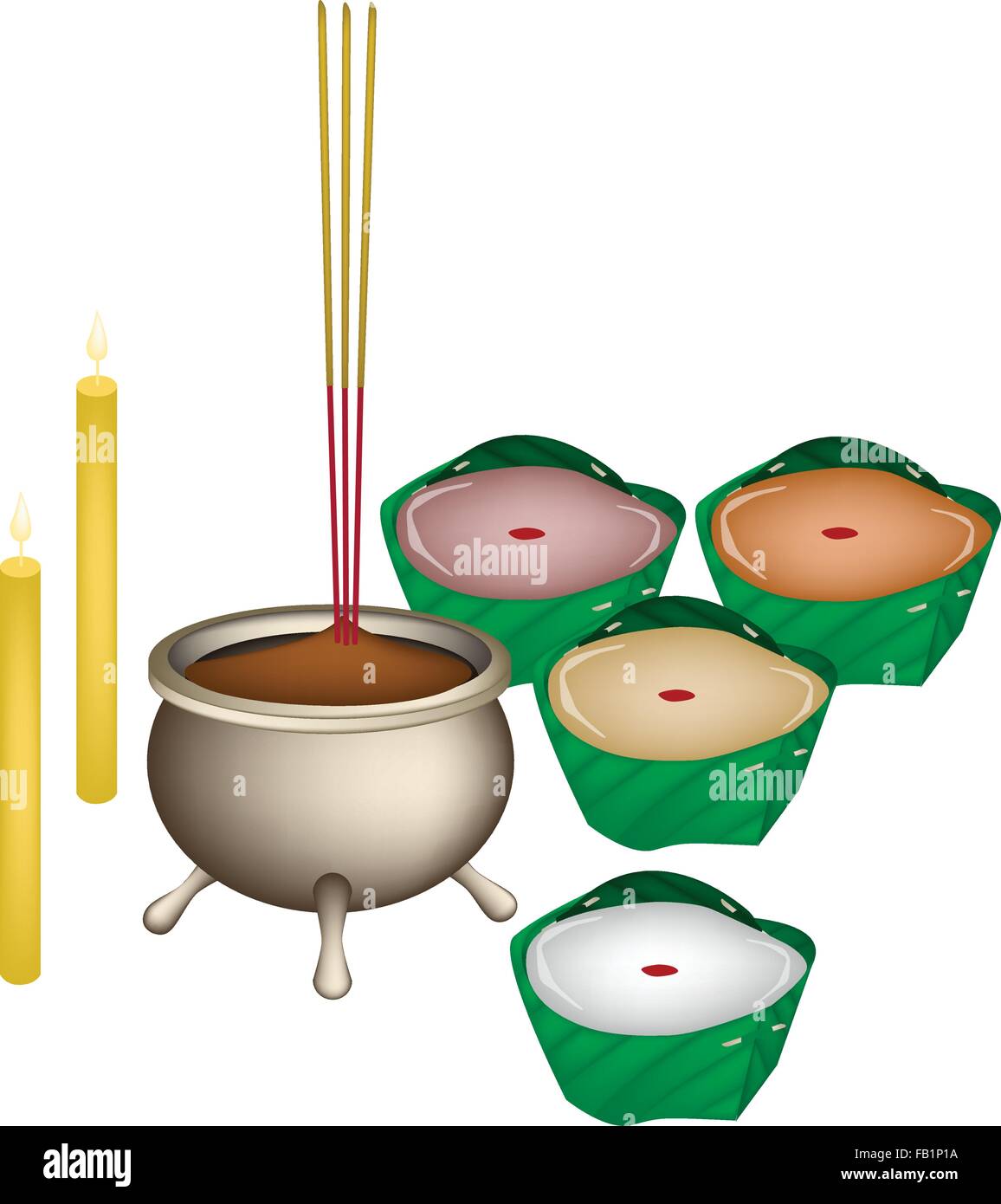 Chinesische Pudding oder chinesische Zuckerbrot für Pay gegenüber Gott in Chinese New Year mit Räucherstäbchen und Kerzen gemacht. Stock Vektor