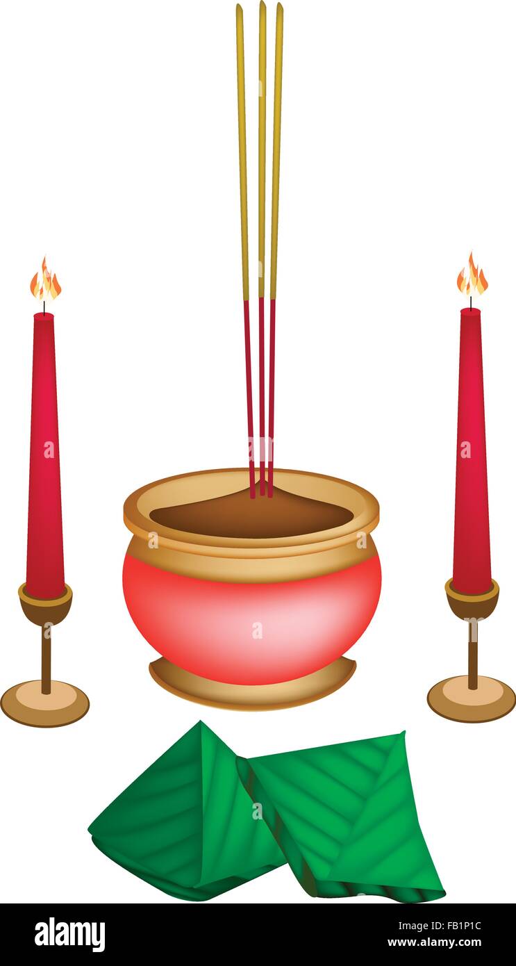 Chinesischen Teig Pyramide Dessert mit roten brennenden Kerzen für Pay gegenüber Gott in Chinese New Year und Räucherstäbchen. Stock Vektor