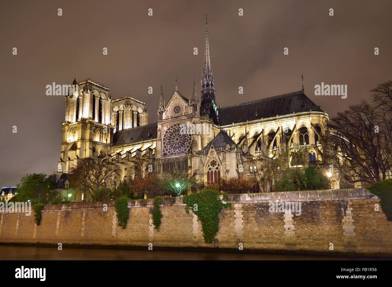 Gotische Kathedrale Notre Dame de Paris mit dem Seineufer in der Nacht, Ile De La Cité, Paris, Ile-de-Fance, Frankreich Stockfoto