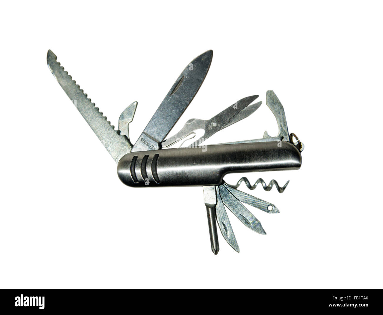 Ein kompaktes Taschenmultitool mit vielseitigen Werkzeugen in einem tragbaren Design, ideal für den Alltag, Outdoor-Abenteuer, Camping, Wandern und Praktisches Stockfoto