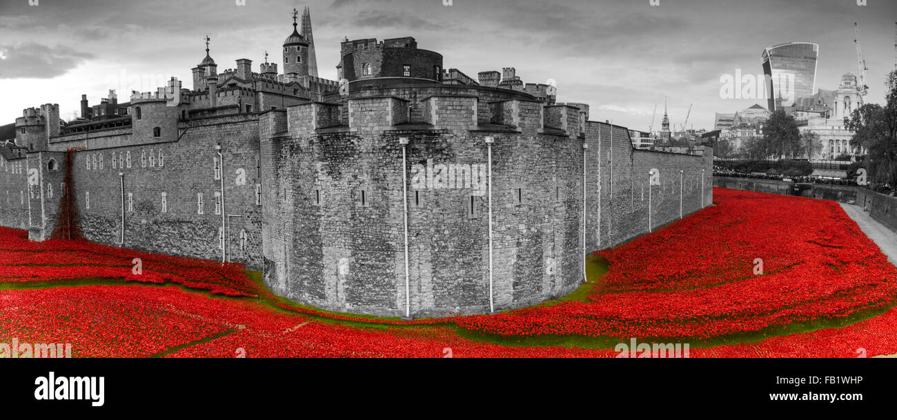 Dieser erstaunliche Kunstinstallation über 800000 Keramik Mohnblumen in den Tower of London, anlässlich des 100. Jahrestages des 1. Weltkrieges Stockfoto