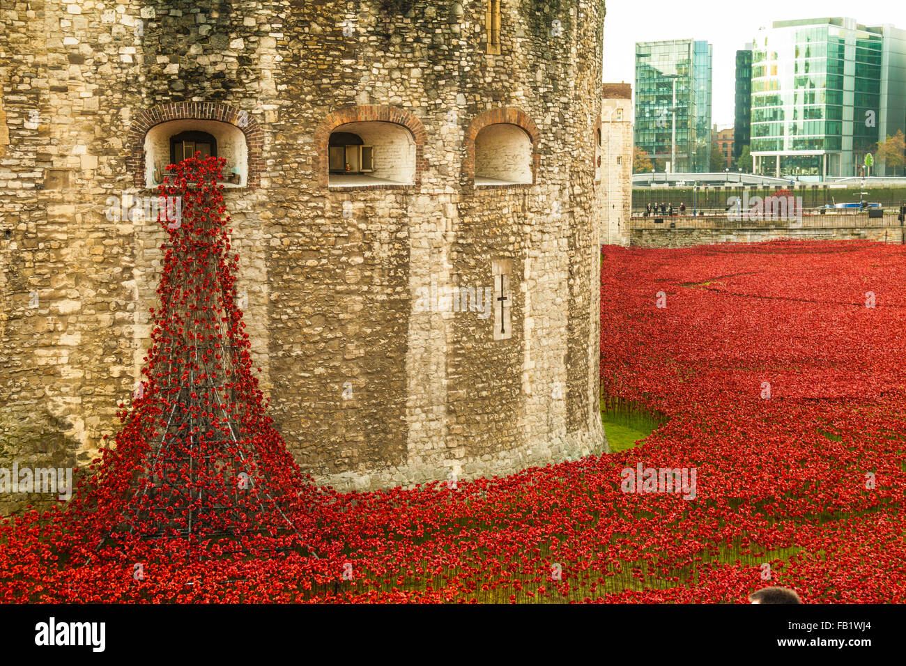 Dieser erstaunliche Kunstinstallation über 800000 Keramik Mohnblumen in den Tower of London, anlässlich des 100. Jahrestages des 1. Weltkrieges Stockfoto