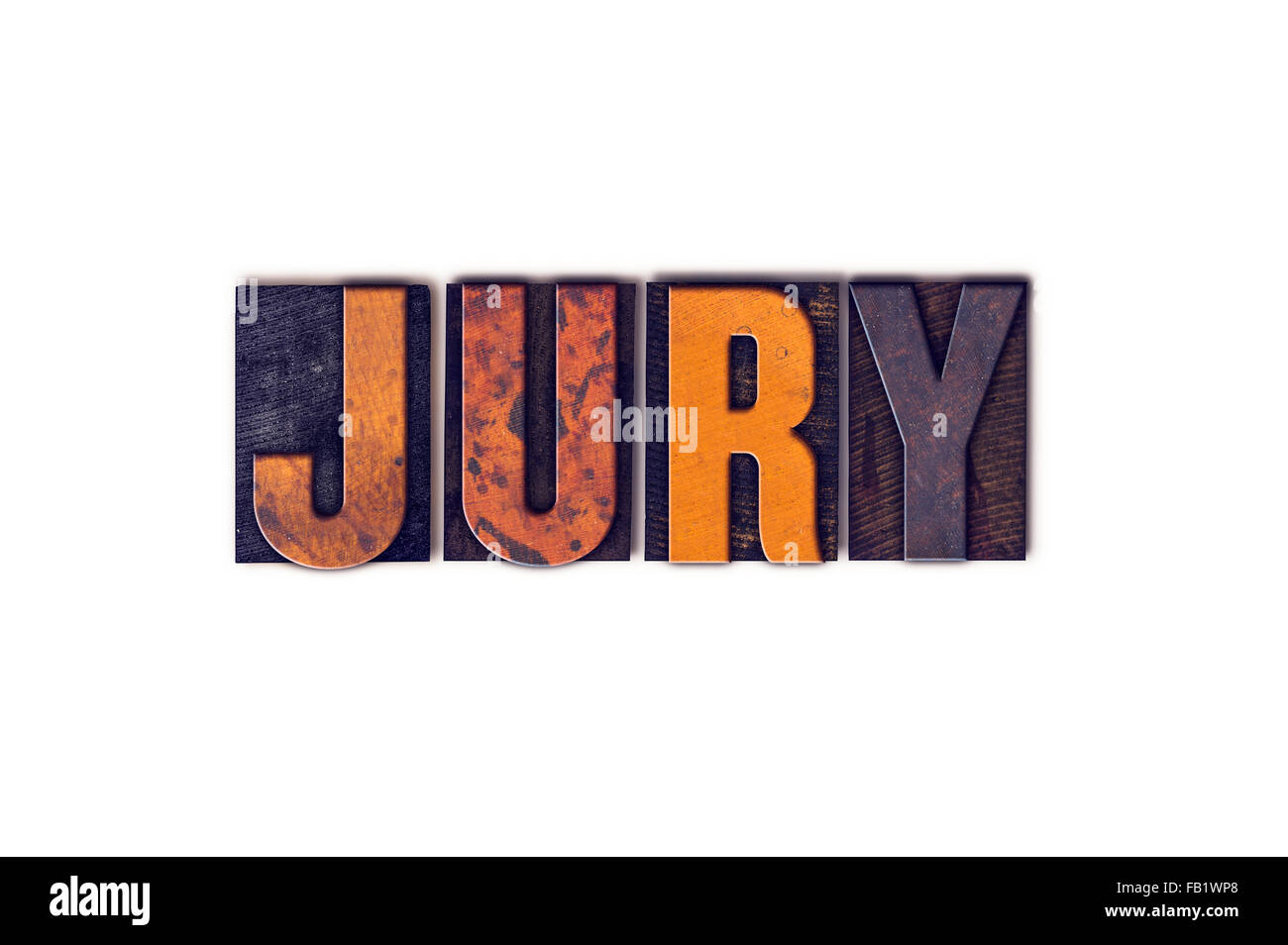 Das Wort "Jury" geschrieben in isolierten Vintage Holz Buchdruck Typ auf einem weißen Hintergrund. Stockfoto