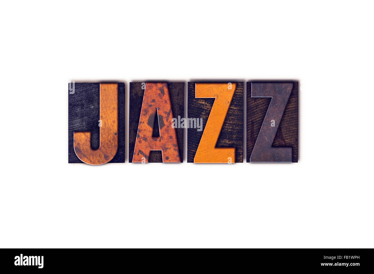 Das Wort "Jazz" in isolierten Vintage Holz Buchdruck Typ auf einem weißen Hintergrund geschrieben. Stockfoto