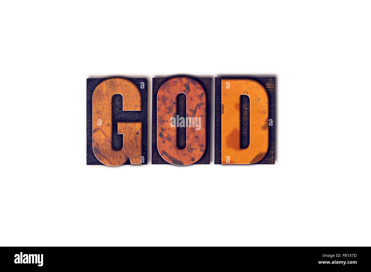Das Wort "Gott" geschrieben in isolierten Vintage Holz Buchdruck Typ auf einem weißen Hintergrund. Stockfoto