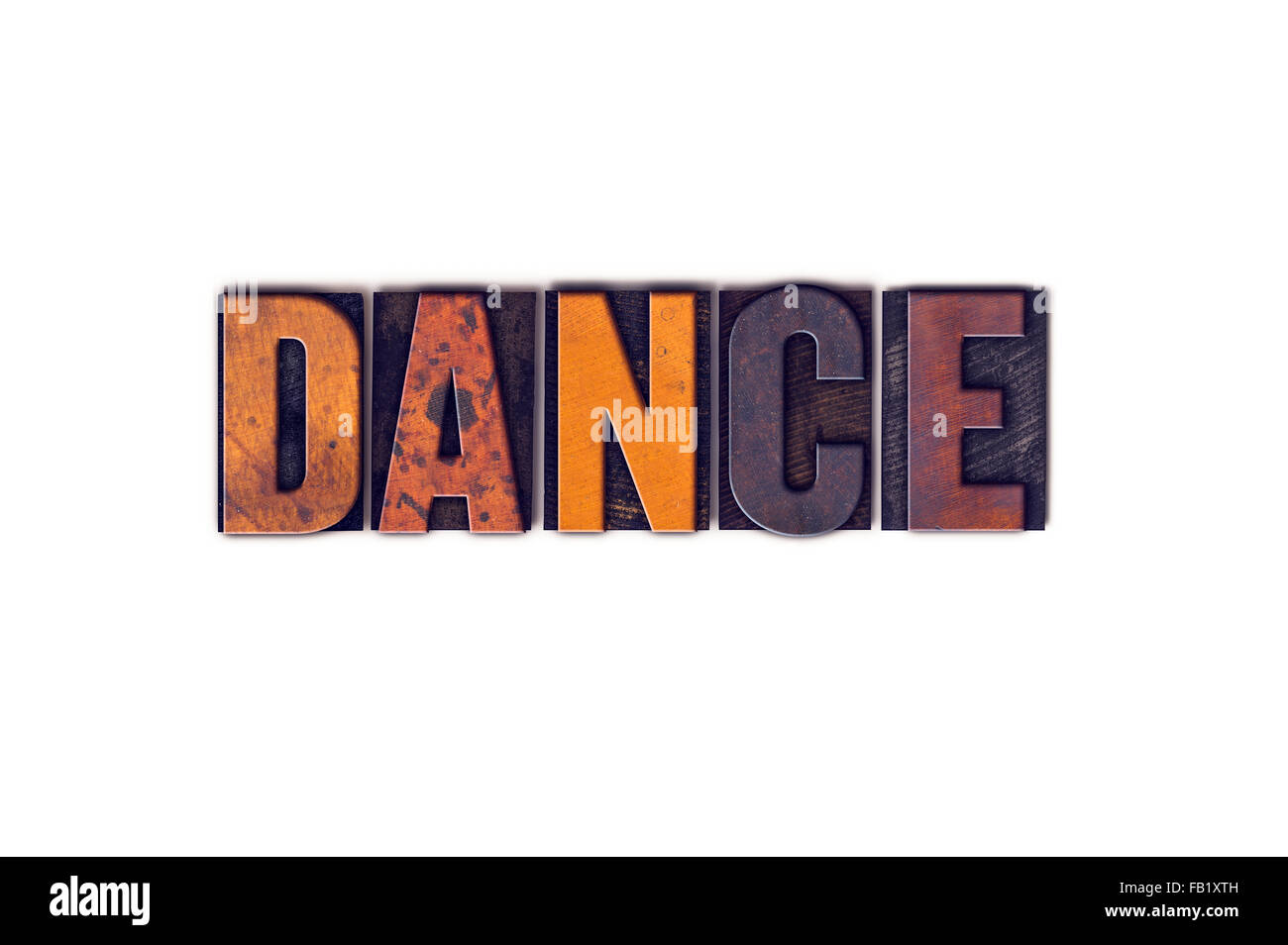 Das Wort "Tanz" geschrieben in isolierten Vintage Holz Buchdruck Typ auf einem weißen Hintergrund. Stockfoto