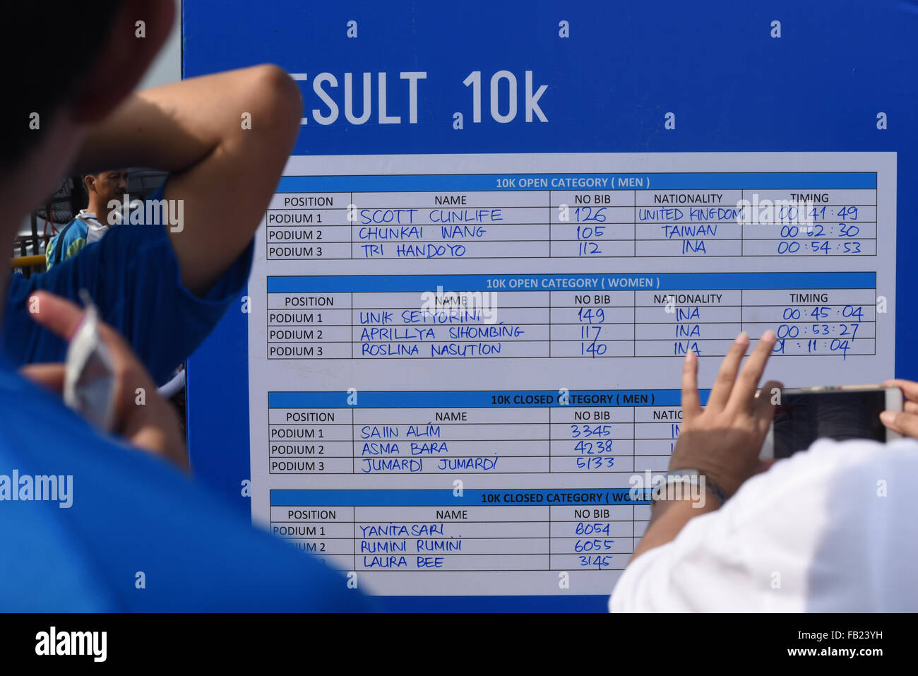 Die Läufer sehen sich die Ergebnisse des 10-km-Rennens an, nachdem sie am „Pocari Sweat Run Indonesia 2015“-Rennen in Tangerang, Indonesien, teilgenommen hatten. Stockfoto