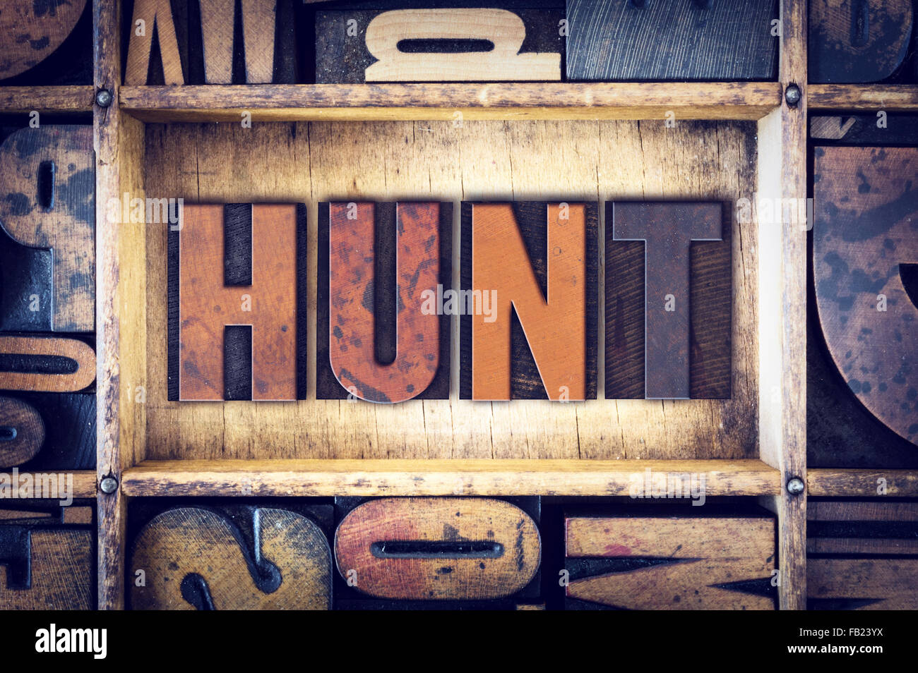 Das Wort "Hunt" in Vintage Holz Buchdruck Art geschrieben. Stockfoto