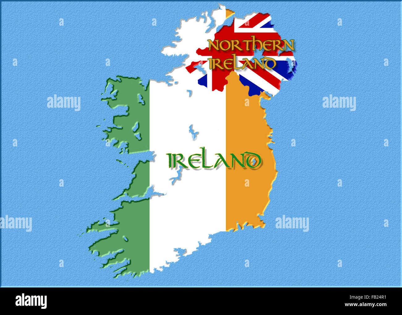 Karte von Irland mit Flagge von Irland und England überlagert Stockfoto