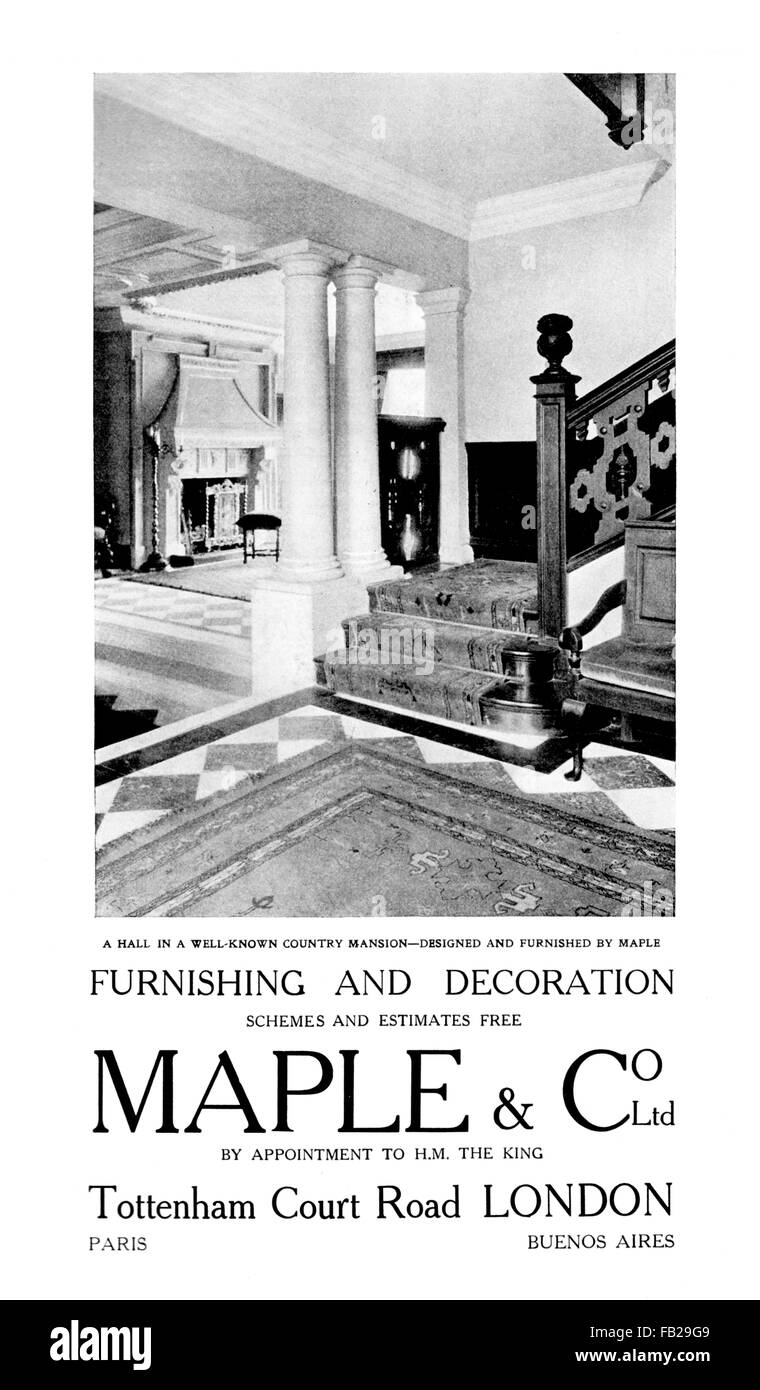 Ahorn & Co, 1912 Möblierung und Dekoration Werbung von The Studio Magazine Stockfoto