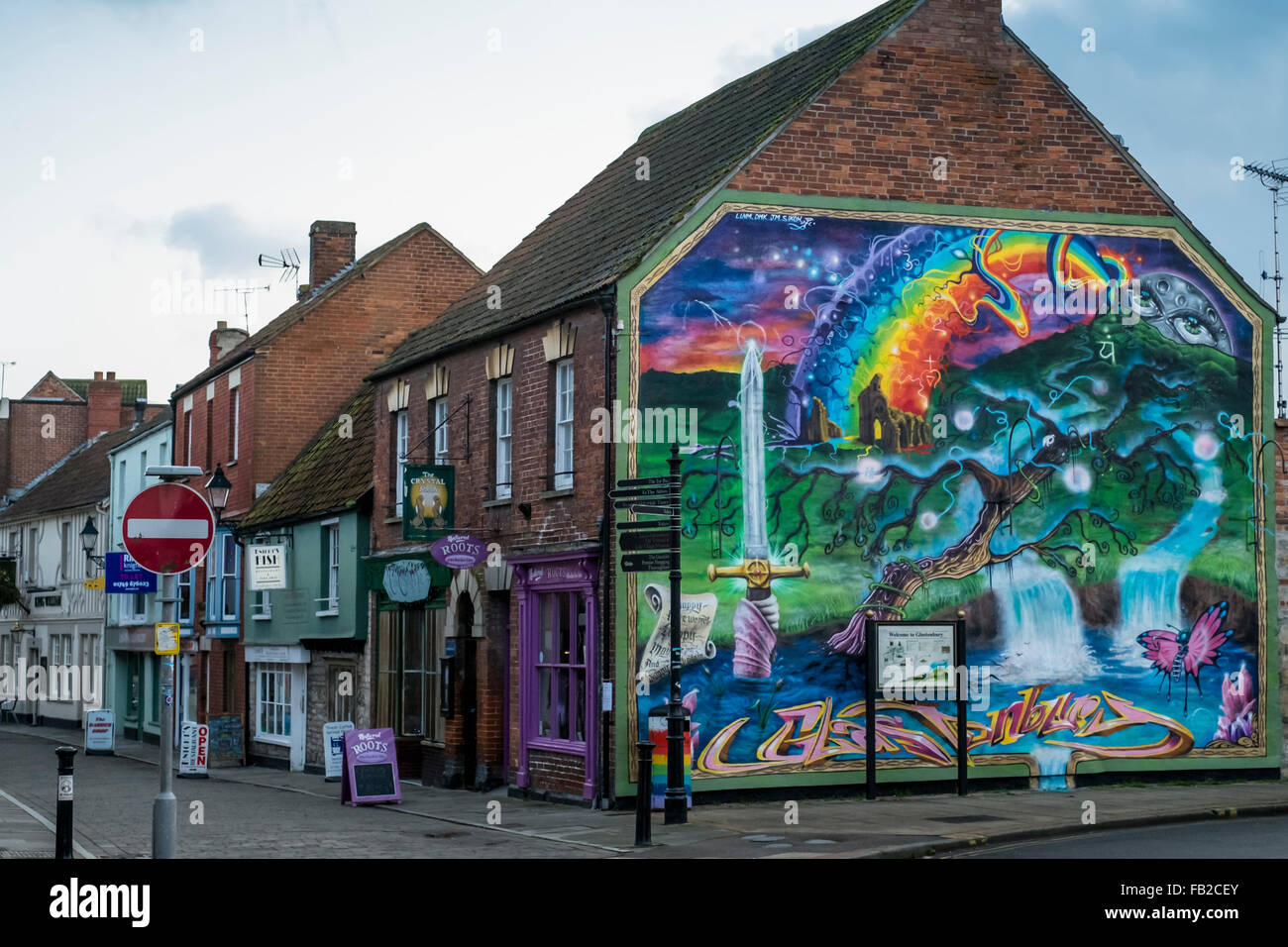 Glastonbury Somerset England UK bestritten Wandgemälde ohne Baugenehmigung Stockfoto