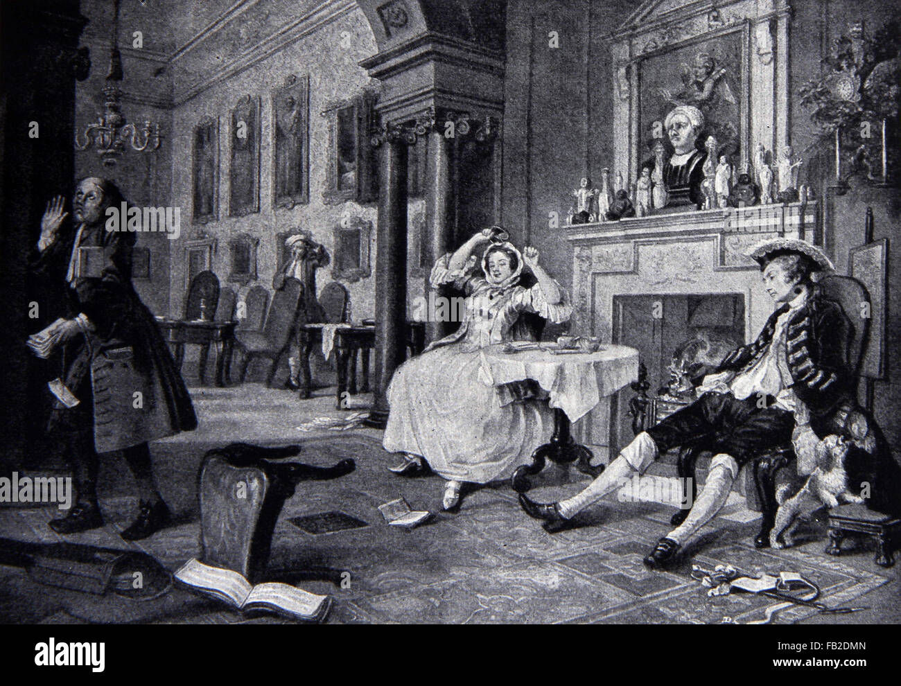 William Hogarth, der Frühstücksszene aus Ehe À-la-Mode-1743-1745 aus dem 18. Jahrhundert Satire. Abbildung aus der Malerei Stockfoto