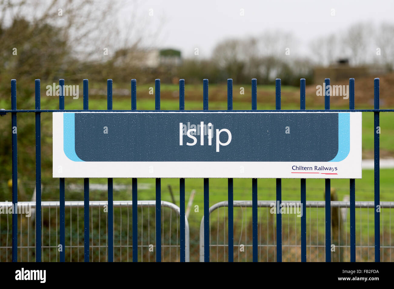 Islip Railway Station Zeichen, Oxfordshire, Vereinigtes Königreich Stockfoto