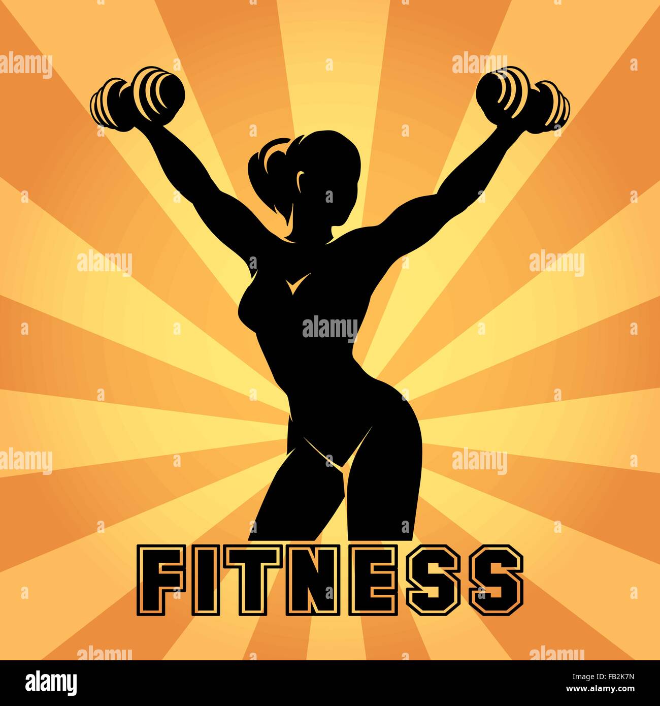 Fitness Club, Fitness-Studio Emblem oder Poster Design. Silhouette der sportlichen Frau mit Hanteln. Kostenlose Schriftart verwendet. Stock Vektor