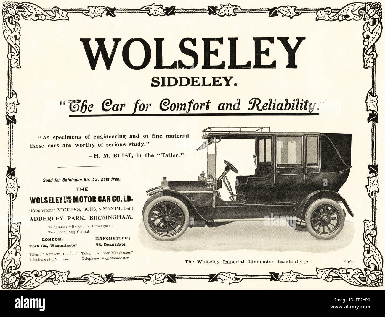 Original Vintage Anzeige aus der 1910er Jahre. Edwardian Werbung aus dem Jahr 1910 Werbung Wolseley Autos, featuring Wolseley Imperial Limousine Landaulette Stockfoto