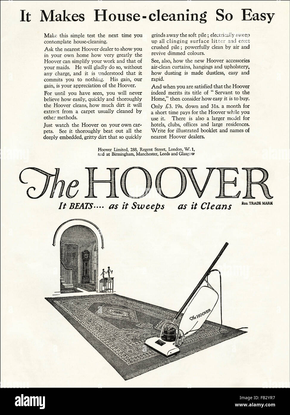 Original Vintage advert aus den 1920er Jahren. Werbung Werbung 1923 Hoover aufrechten Staubsauger, 20 s Stockfoto