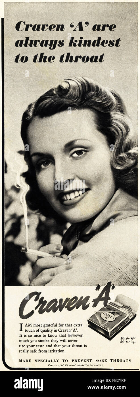 Original-Vintage-Werbung aus dem Jahr 1930er. Werbung von 1939 für Craven A Cigarettes 'Always nettest to the Throat'. 30s Stockfoto
