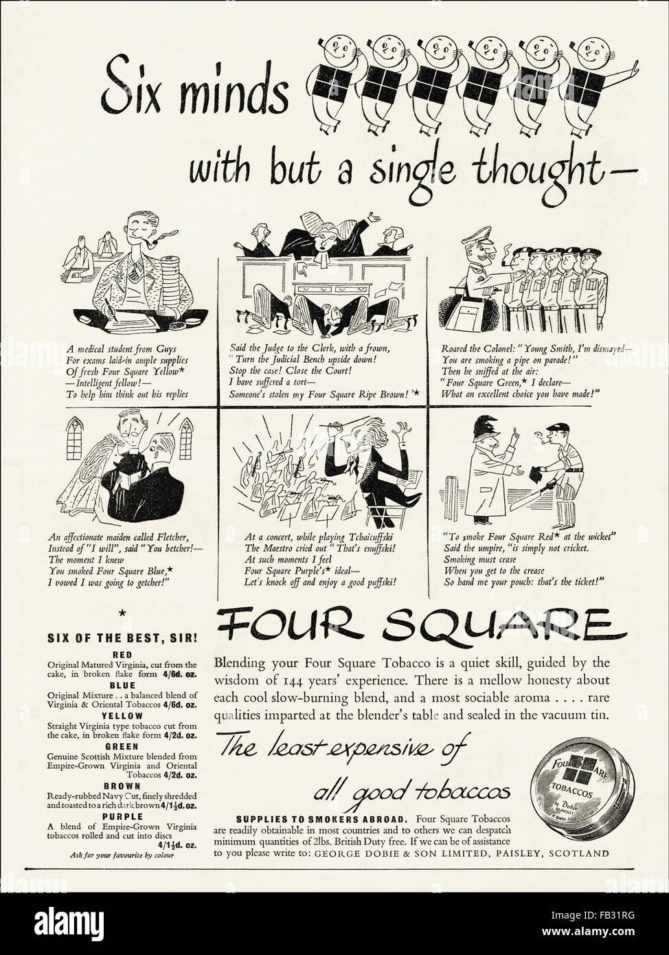 Original volle Seite vintage Advert von 1950. Werbung Werbung 1953 vier quadratische Tabak von George Dobie & Sohn Ltd von Paisley Schottland. 50s Retro Stockfoto