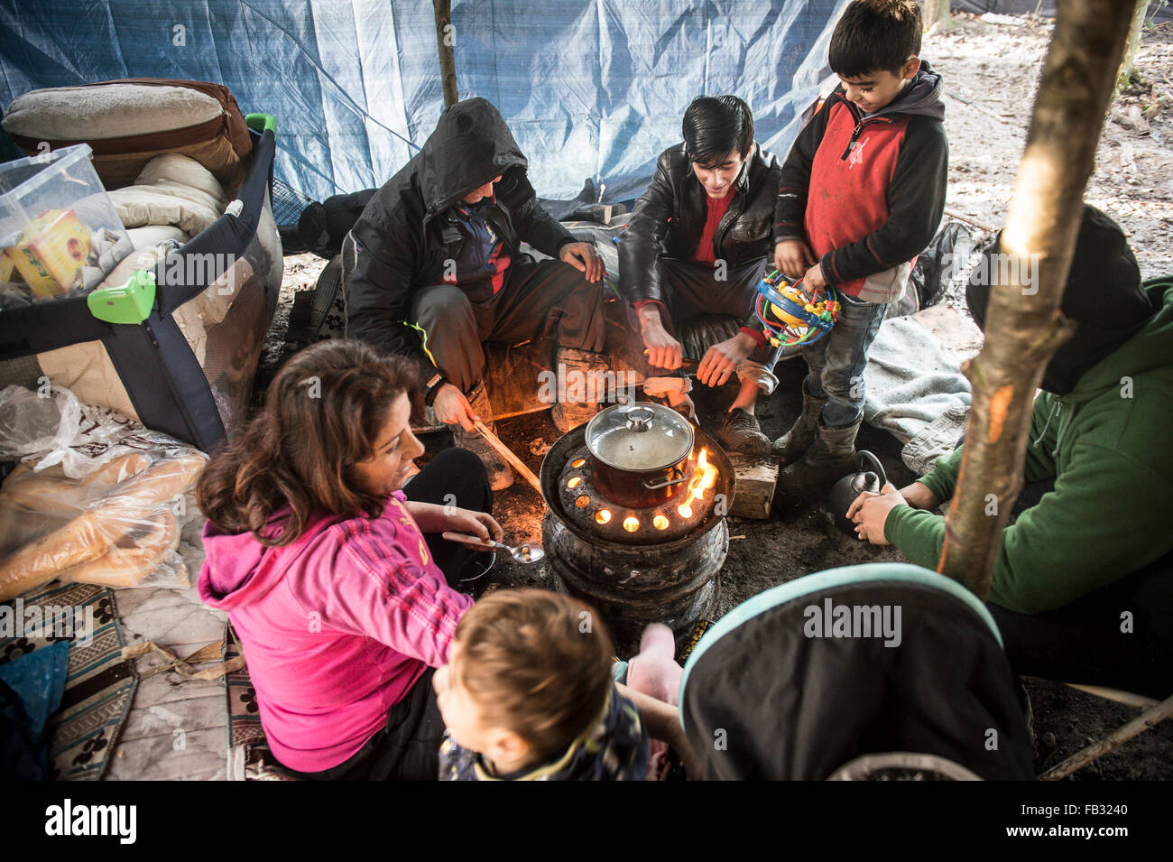 Szenen rund um die Migranten Camp nach den heftigen von den letzten Tagen in Grande Synthe neben Dunkerque, Frankreich auf 08.01.2016 Regenfällen Stockfoto