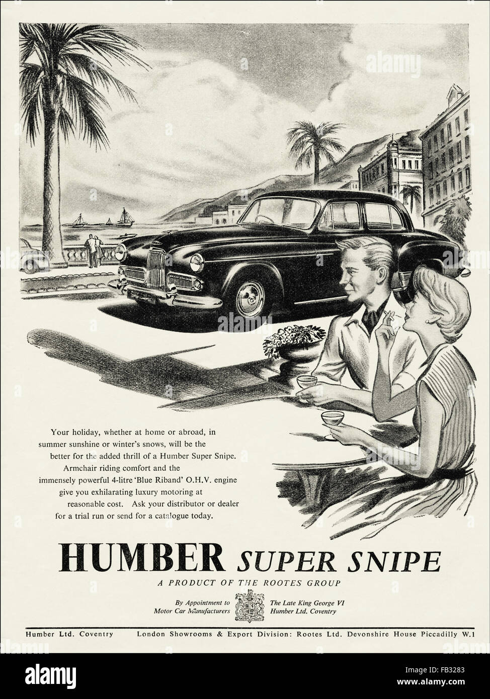 Original volle Seite vintage Advert von 1950. Werbung Werbung 1953 Humber Super Snipe in Coventry hergestellt. 50s Retro Stockfoto