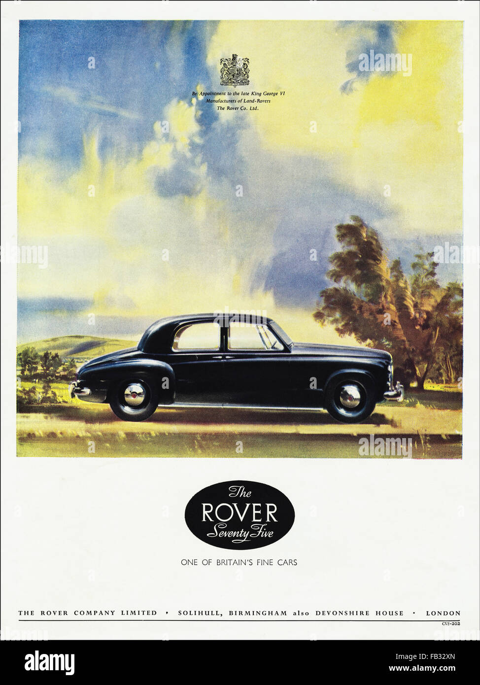 Original ganzseitige Farbe Vintage Anzeige aus der 1950er Jahre. Werbung aus dem Jahr 1953 Werbung Rover siebzig fünf Autos. Stockfoto