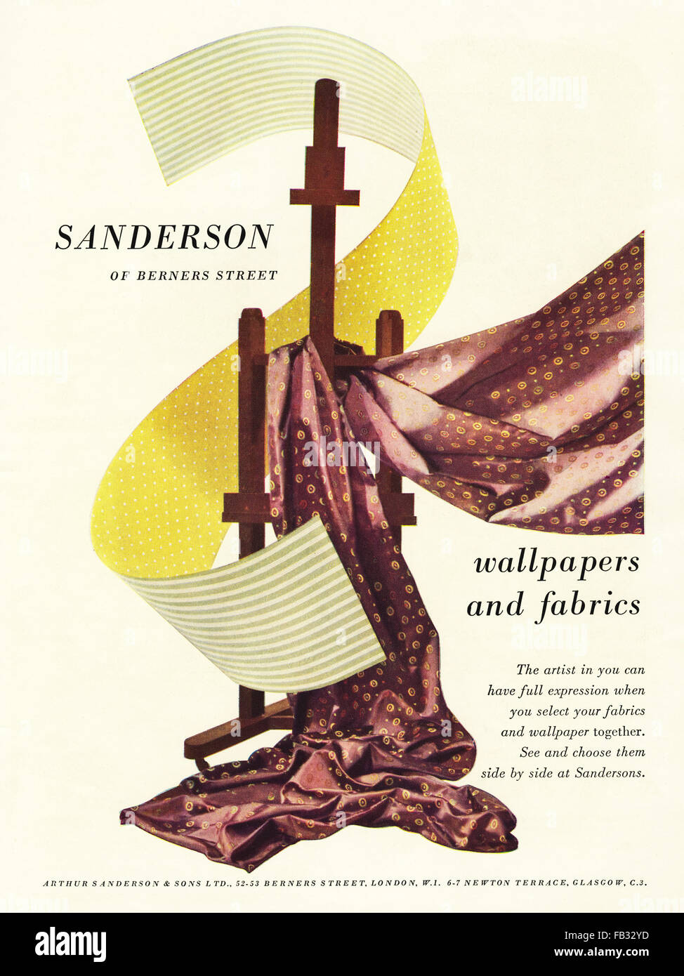 Original ganzseitige Farbe Vintage Anzeige aus der 1950er Jahre. Werbung von 1953 Werbung Sanderson Tapeten & Stoffe. Stockfoto
