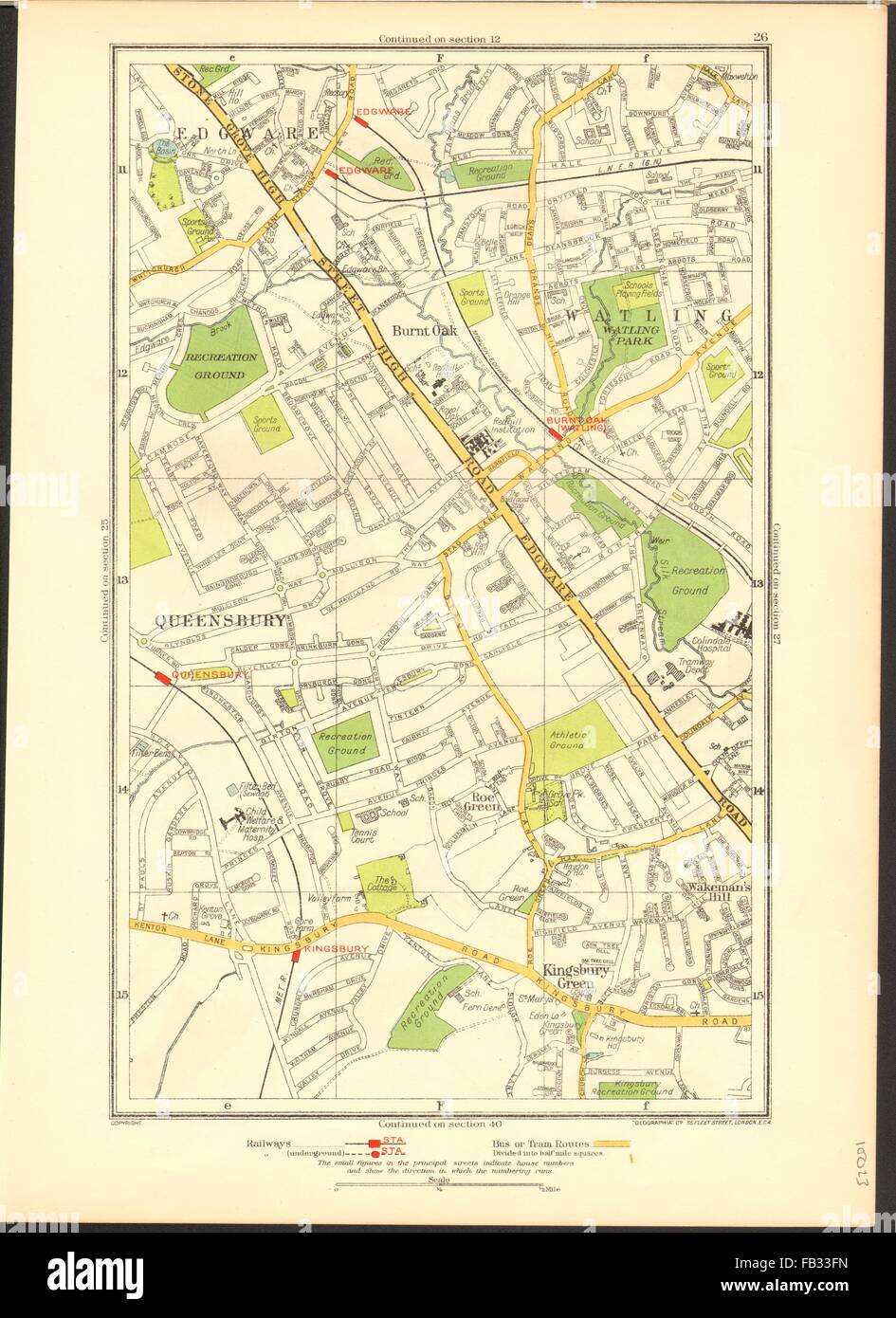 EDGWARE: Burnt Oak, Kingsbury Green, Queensbury, Stanmore, Watling, Roe Grn, 1937 Karte Stockfoto