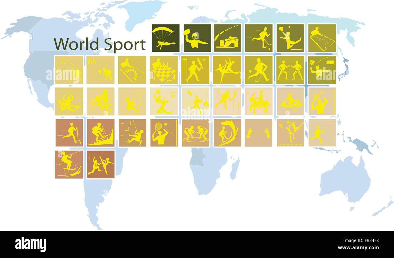Abbildung Sammlung von 35 Welt Sport Symbole auf Welt Kartenhintergrund. Stock Vektor