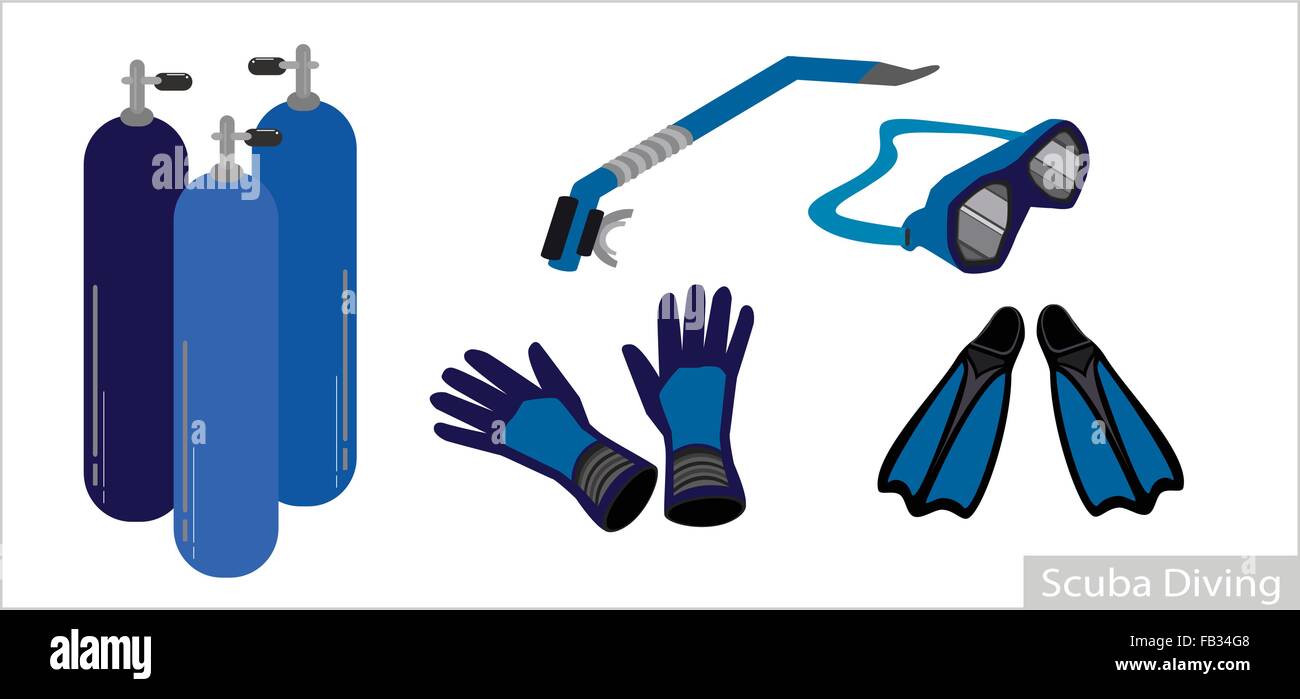 Abbildung Sammlung von Unterwasser Tauchausrüstung oder Tauchausrüstung, Luftbehälter, Handschuhe, Flossen, Schnorchel und Brille ich Stock Vektor