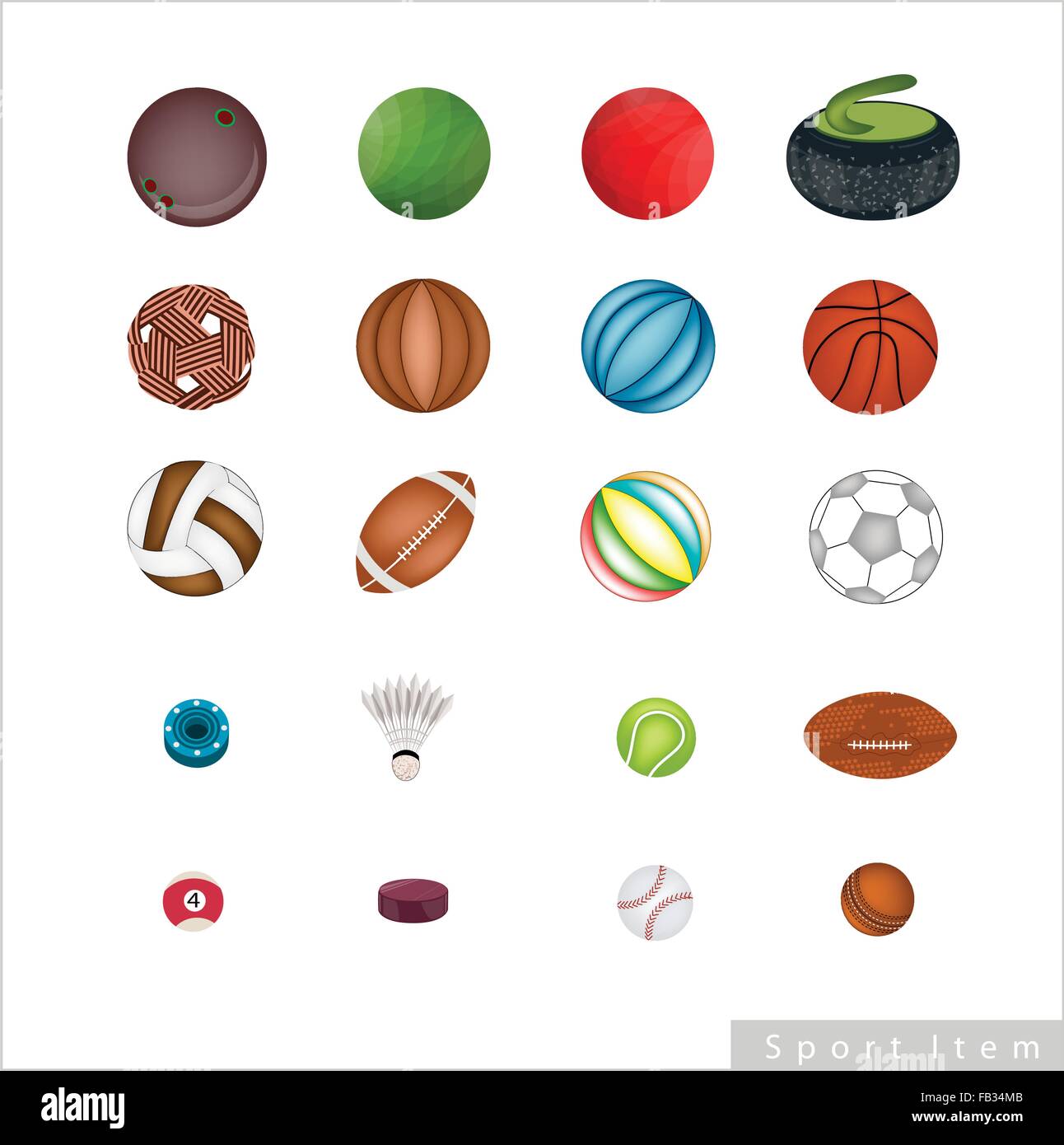 Abbildung Set 20 verschiedene Sport-Bälle und Sportartikel, Isolated on White Background. Stock Vektor