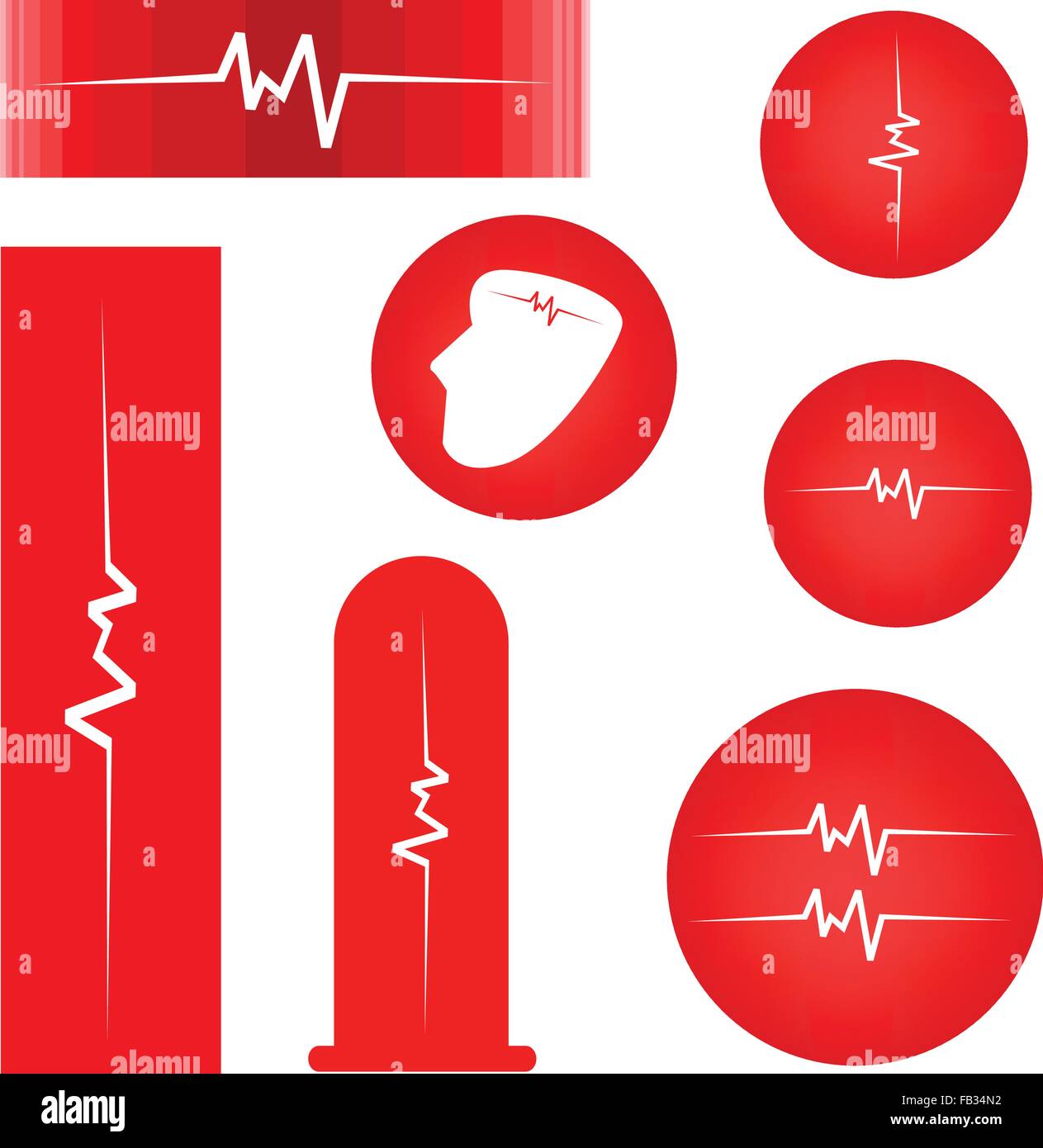 Medizinisches Konzept, Illustration Sammlung von sortierten Kardiogramm Banner oder Herzschlag Etiketten auf rotem Grund. Stock Vektor