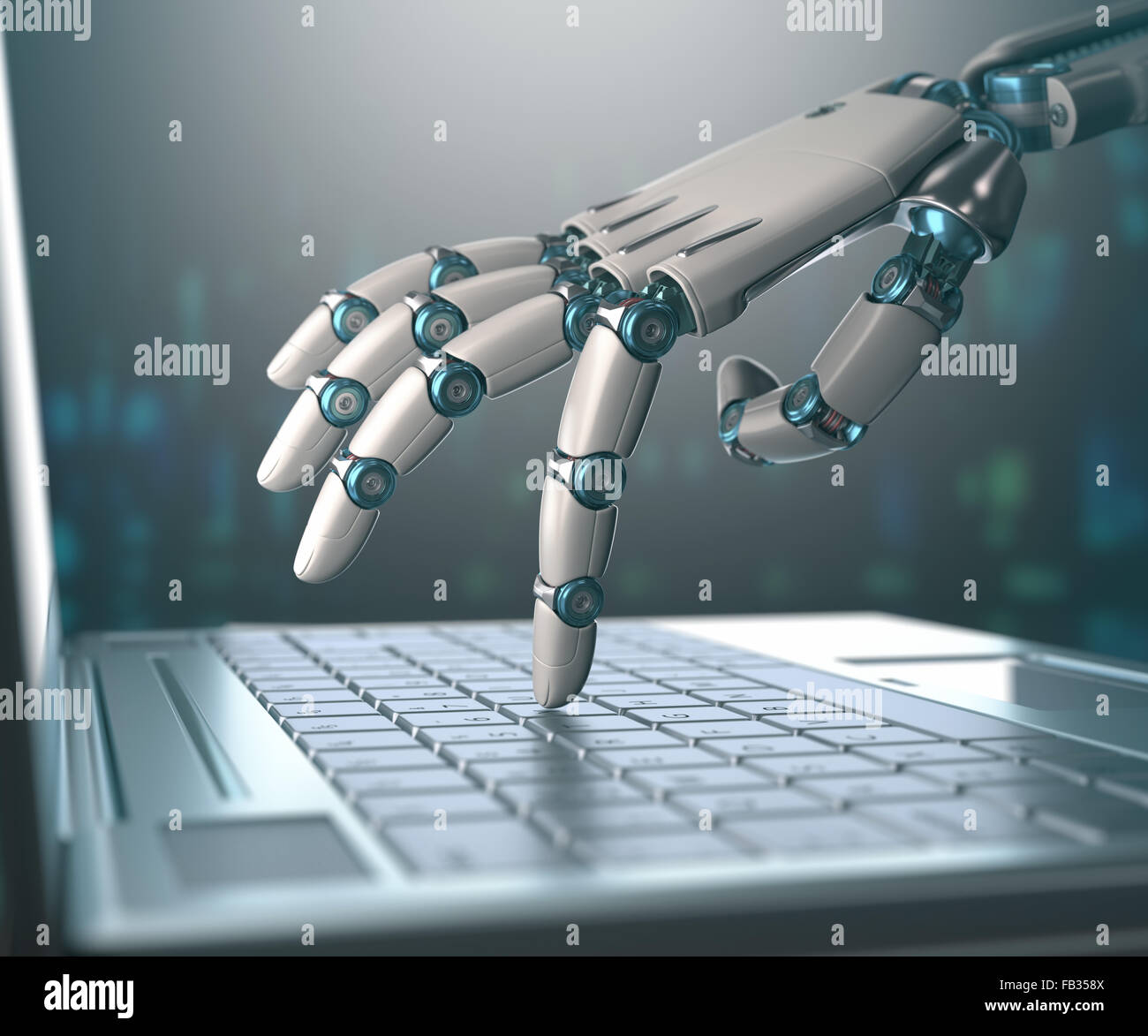 Roboterhand, Zugriff auf Laptop, der virtuellen Welt der Information. Konzept der künstlichen Intelligenz und Ersatz der menschlichen Stockfoto