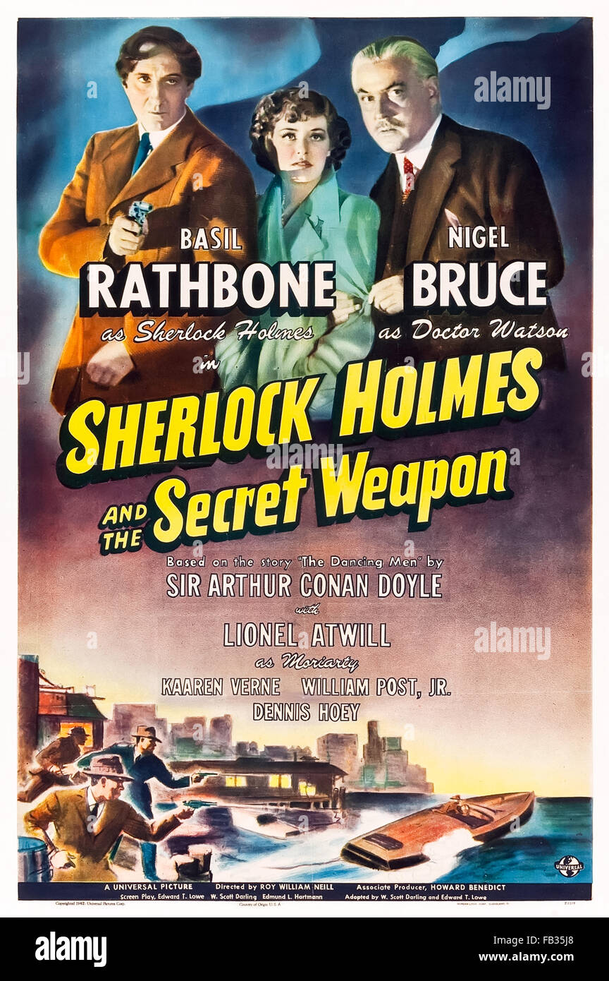 Plakat für "Sherlock Holmes und die Geheimwaffe" 1942 Sherlock Holmes Film unter der Regie von Roy William Neill und Darsteller Basil Rathbone (Holmes); Nigel Bruce (Watson) und Kaaren Verne (Charlotte Eberli). Siehe Beschreibung für mehr Informationen. Stockfoto