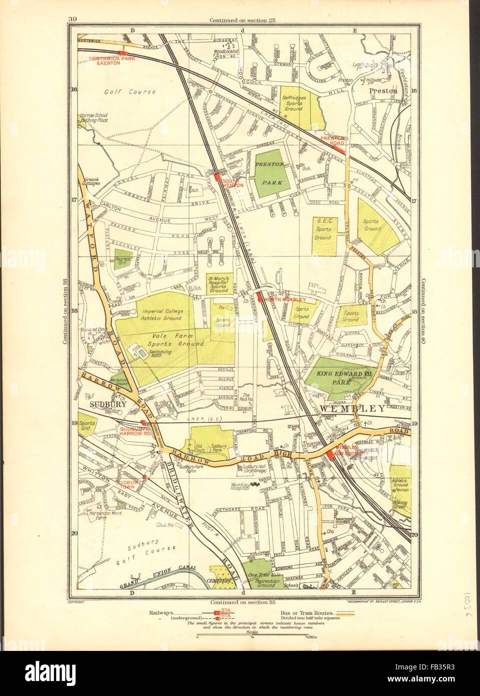 NORTH WEMBLEY: Preston Road, Sudbury, Northwick Park, Kenton, 1937 Vintage Karte Stockfoto