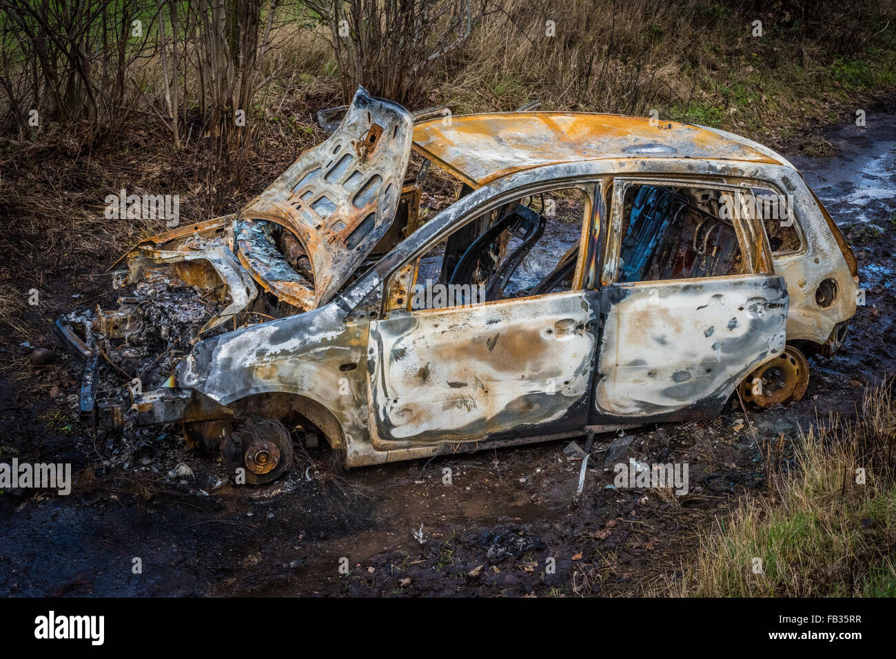 Ein gestohlenes Auto geworfen hinunter einen Feldweg in Essington Wolverhampton West Midlands UK ausgebrannt Stockfoto