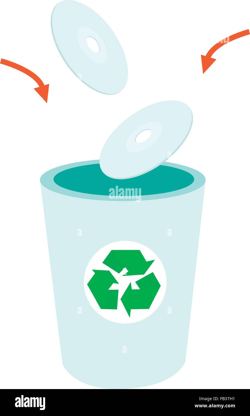 Go Green, Illustration von wegwerfen die Daten-Verlust-CD oder DVD CD in Recycle Trash Can. Stock Vektor
