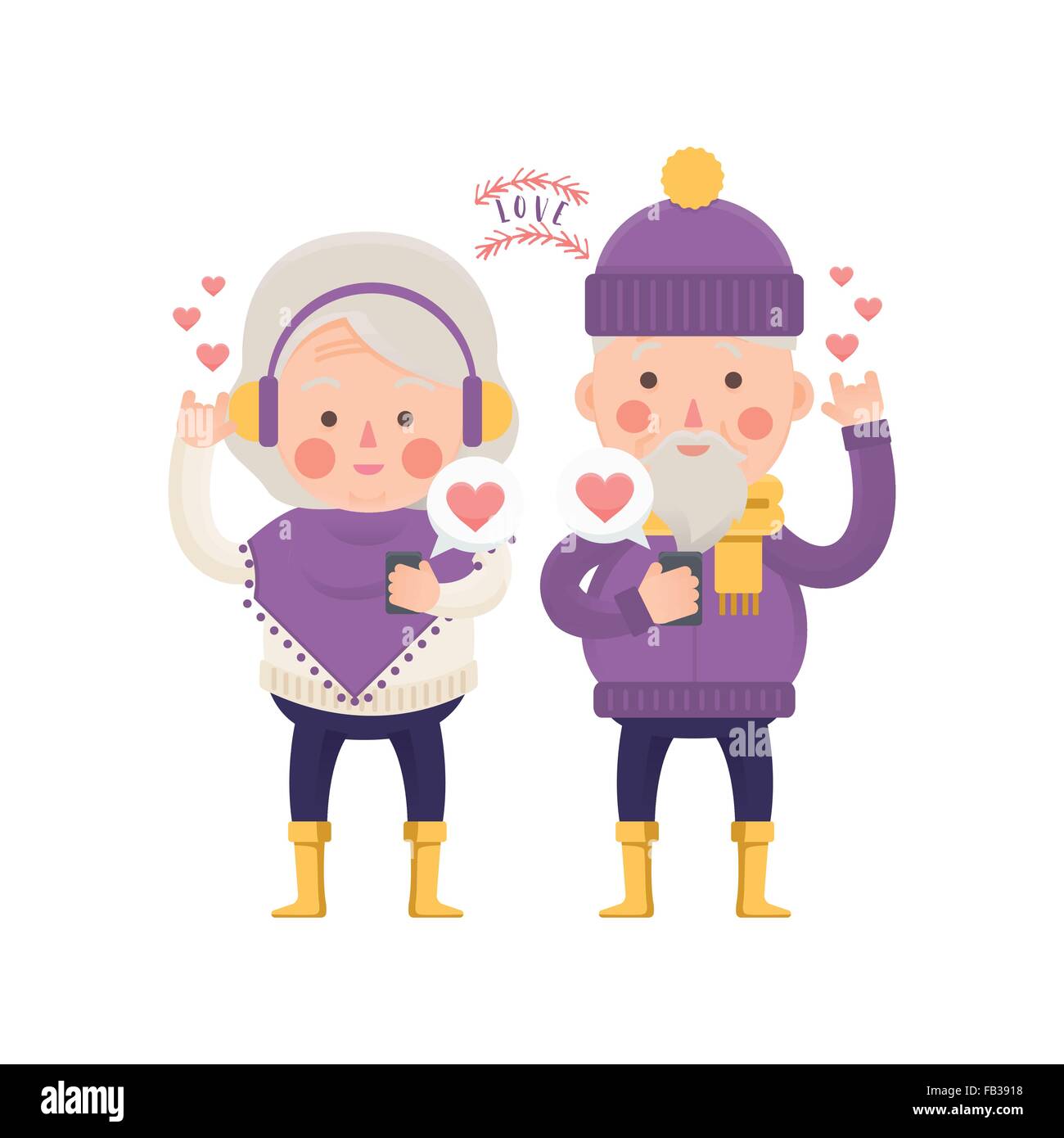 Vector Illustration der Senior paar mit Mobile senden Liebe Nachricht, Winterkleidung, Valentinstag Stock Vektor