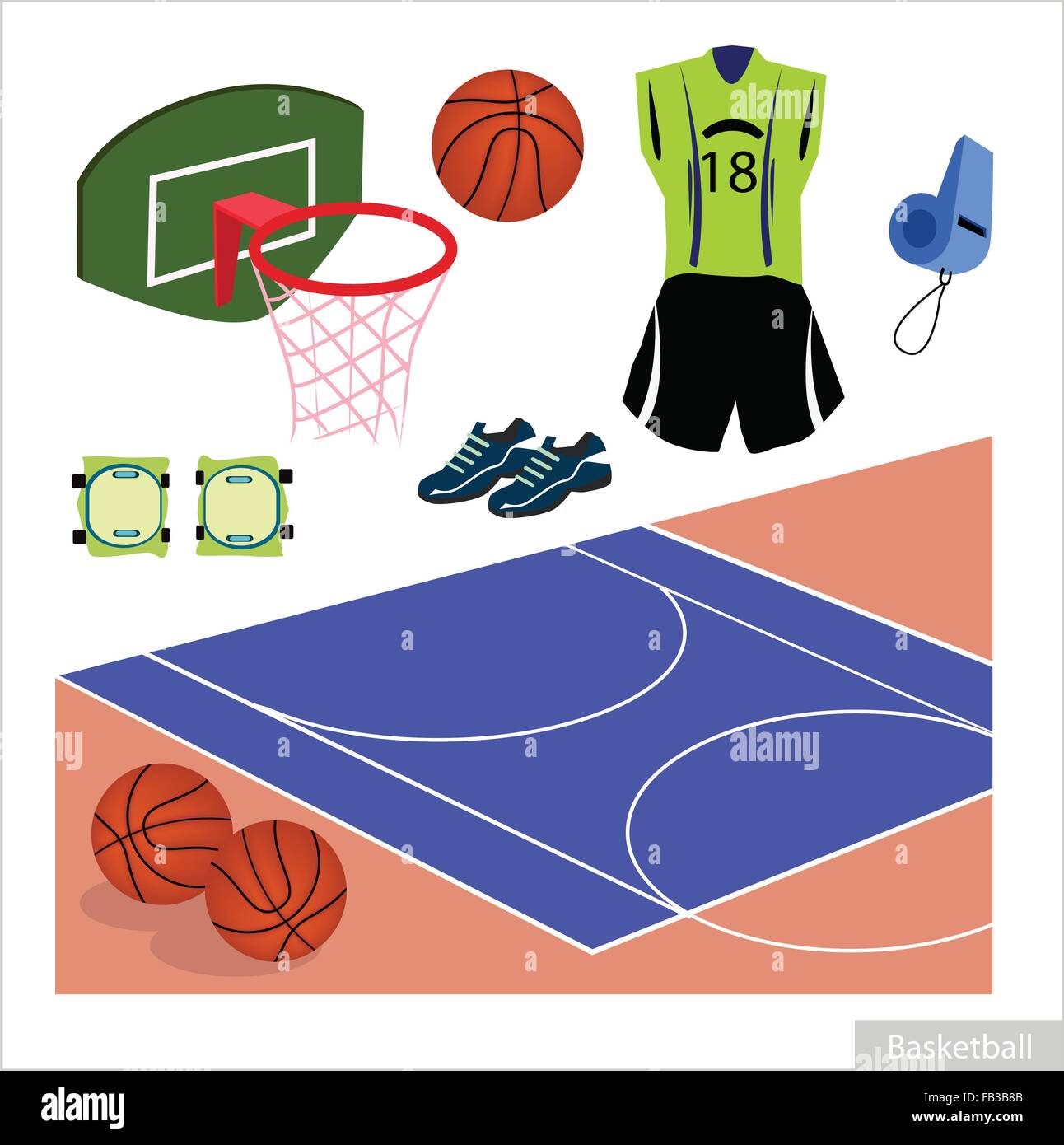 Abbildung Sammlung Basketball Zubehör, Reifen, Ball, Knie-Protektoren, Schuhe, Uniform und Ausrüstung Pfeife. Stock Vektor