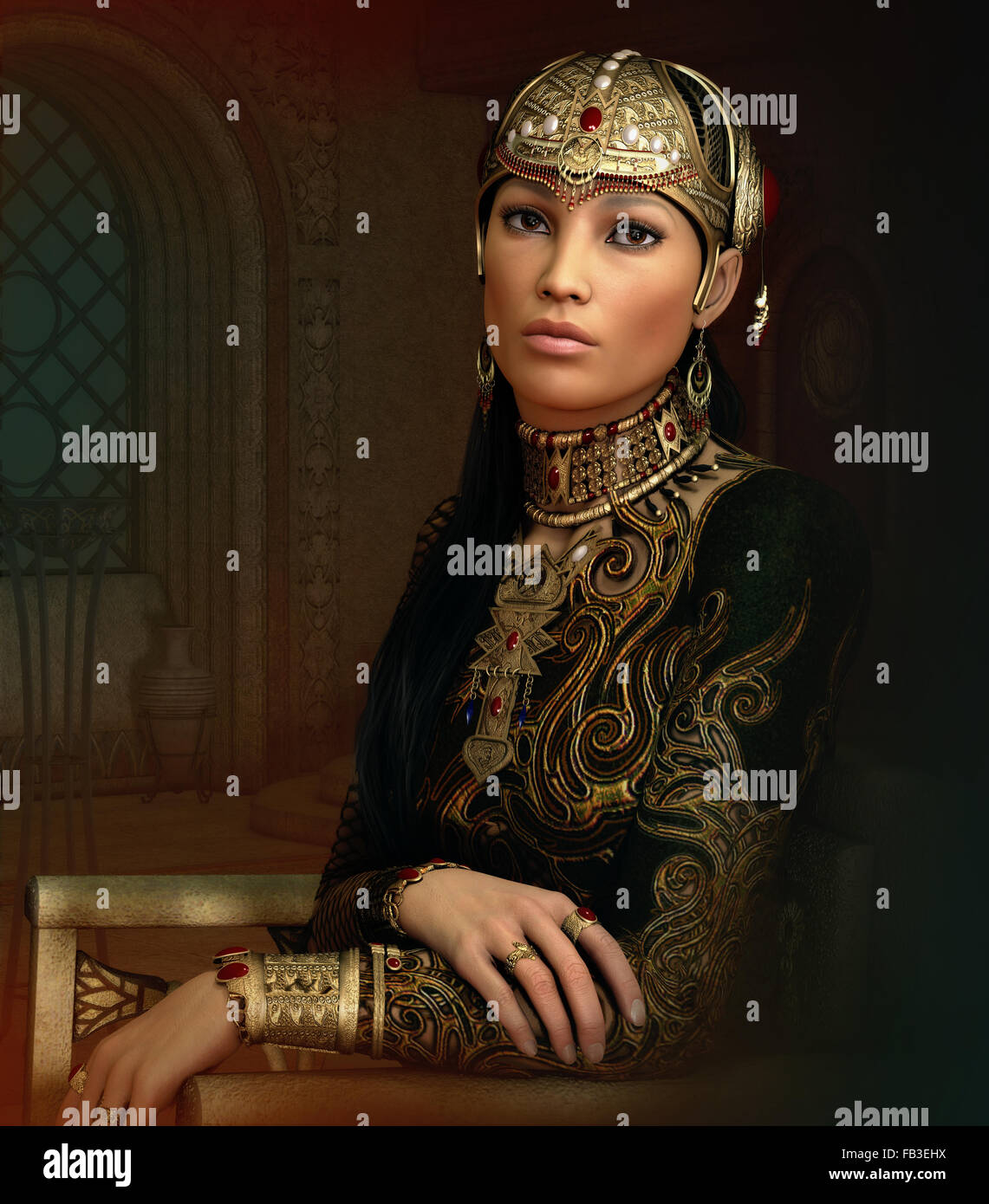 3D Computergrafik eines Fantasy-Porträt einer jungen Frau mit antiken orientalischen Schmuck und Kleidung Stockfoto