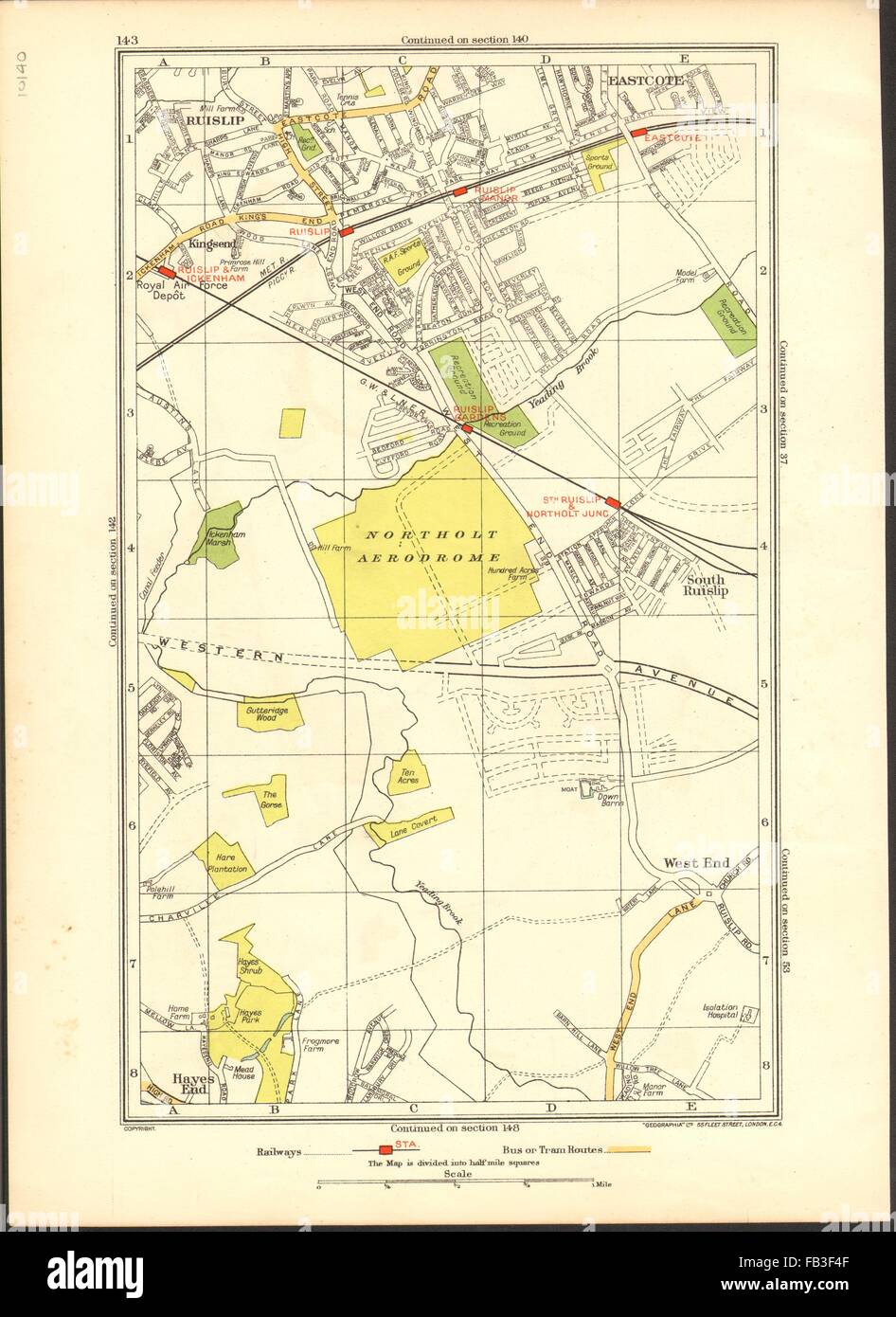 NORTHOLT:Ruislip, Ruislip Manor, Hillingdon, Yeading, Greenford, Eastcote, 1937 Karte Stockfoto