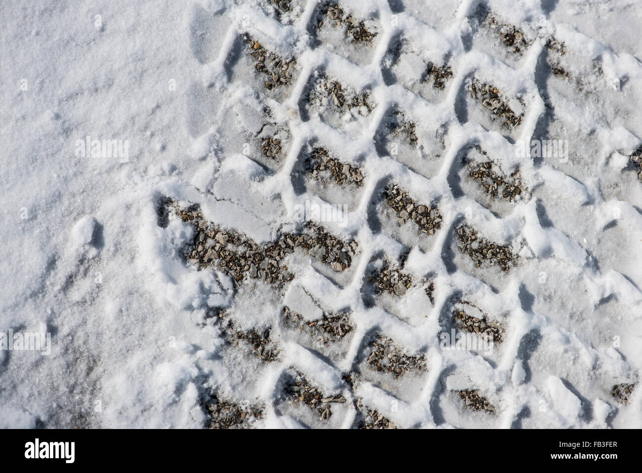 Nahaufnahme der Lauffläche des Reifens auf verschneiten Straßen im winter Stockfoto