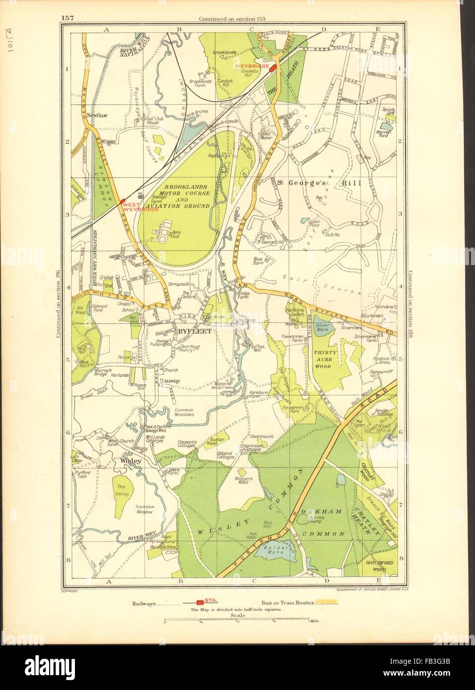 BYFLEET: Brooklands, St.-Georgs-Hill, Weybridge, Wisley (Surrey), 1937-Karte Stockfoto