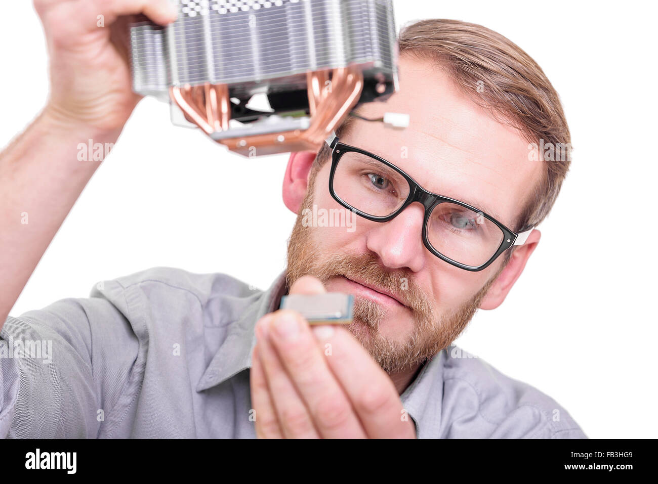 CPU und Kühler Installation. Stockfoto
