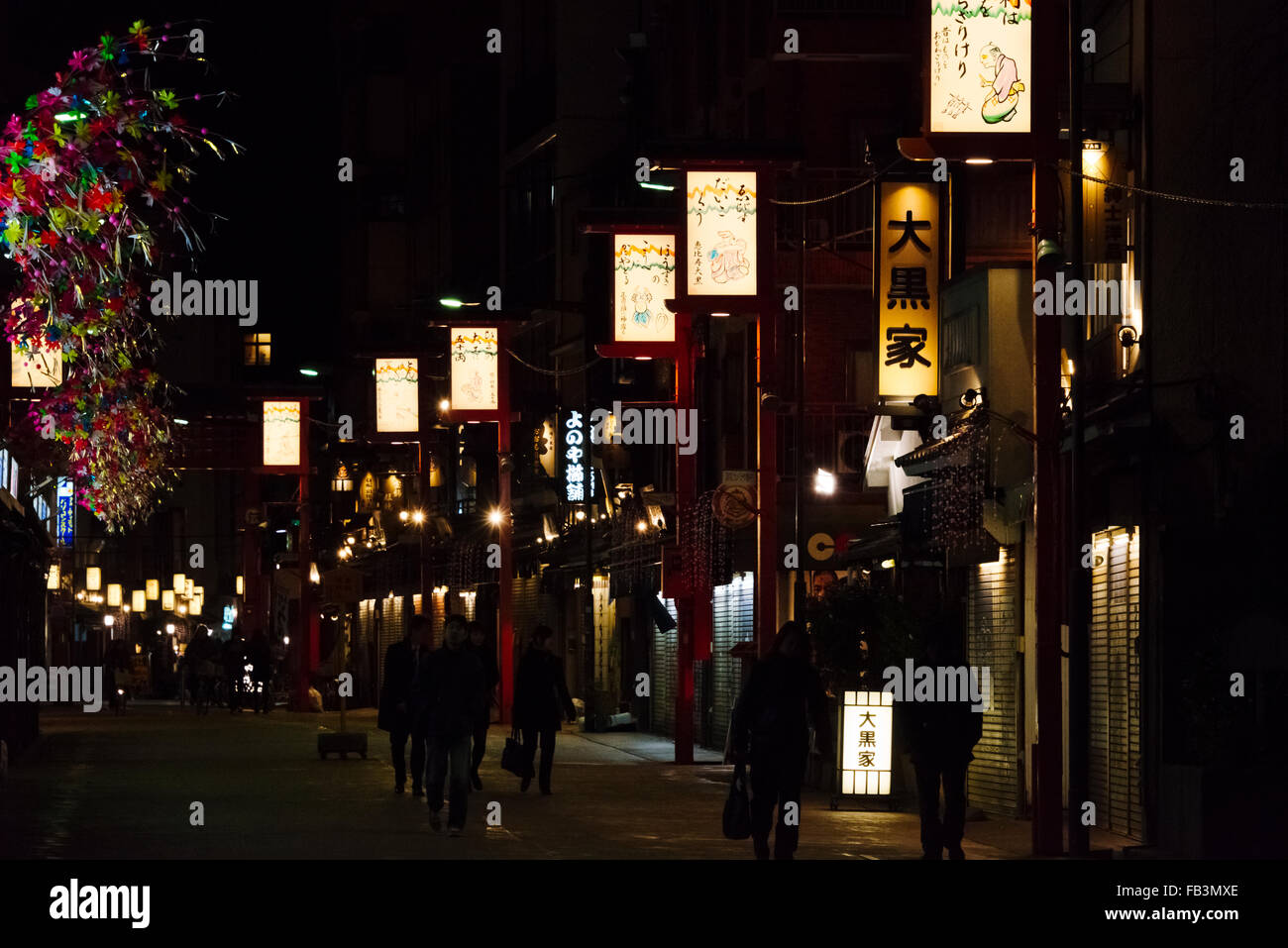 Nachtansicht der Geschäfte entlang der Straße, Tokyo, Japan Stockfoto